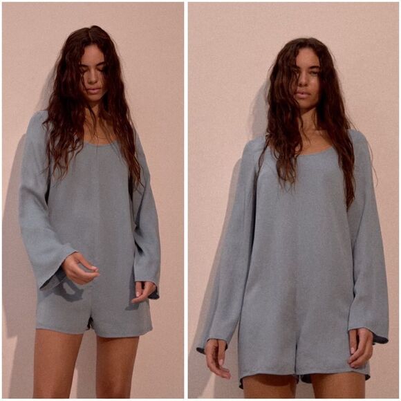 ZARA FLOWY SHORT JUMPSUIT BLUE / GRAY - Picture 1 of 9